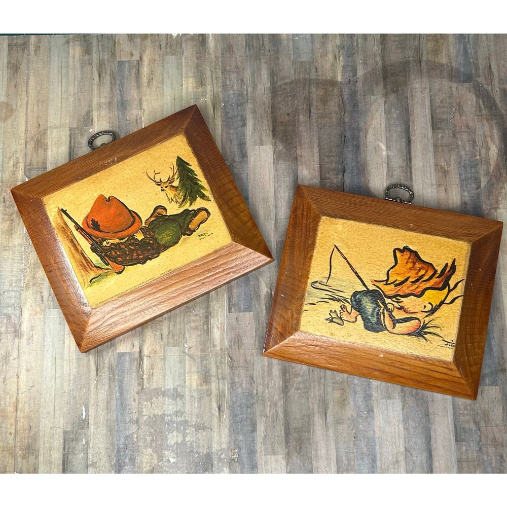 Vintage 1967 Josie Heins Wall Art Wood Plaque Napping Boys Room Decor